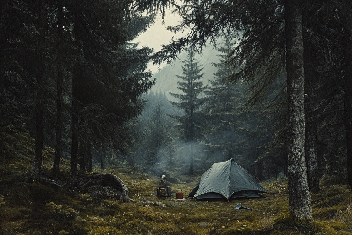 A tent pitched in a misty pine forest