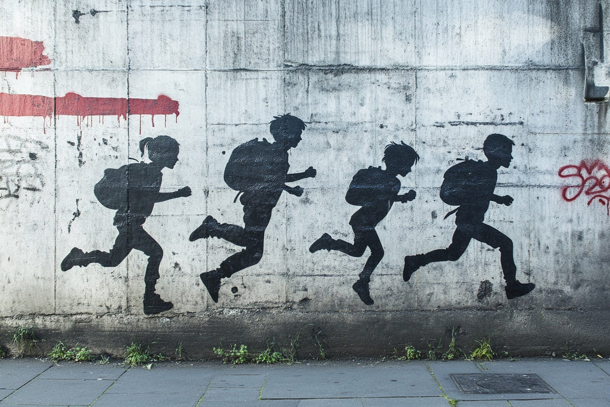 Silhouettes of running figures painted on a concrete wall