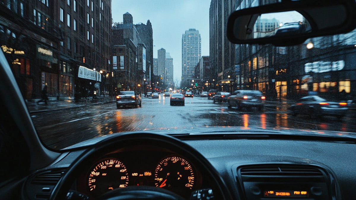 The view from a driver's seat on a wet city street