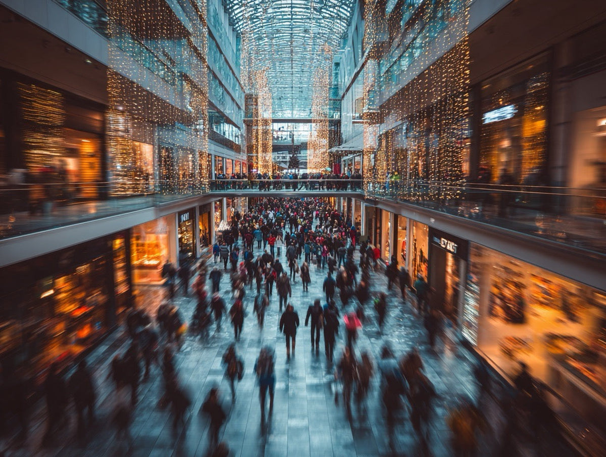 Shoppers moving through a busy retail concourse